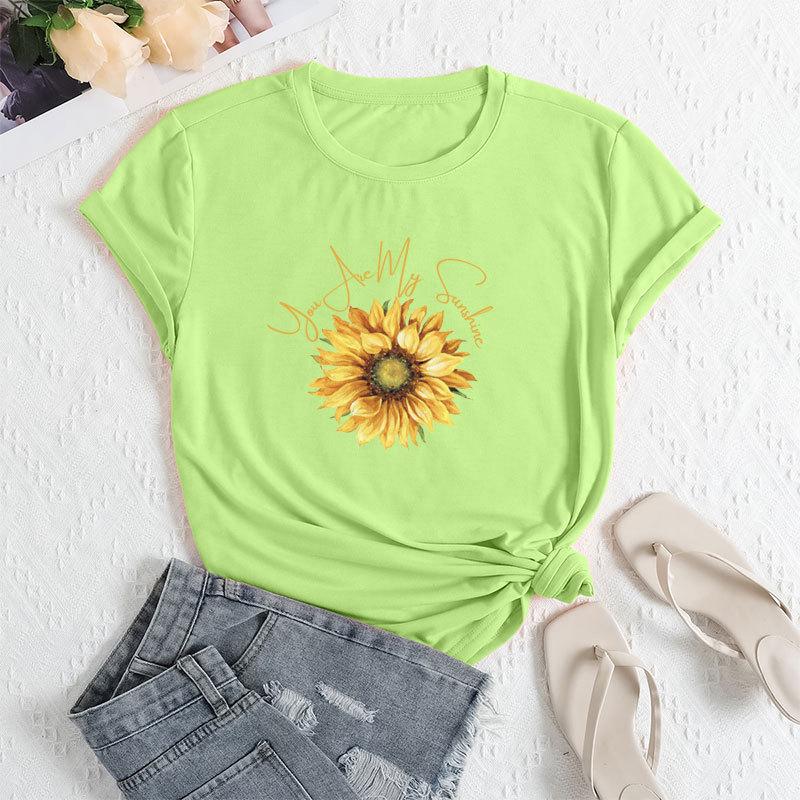 Summer Women's Fashionable Sunflower Print Short Sleeved Casual Loose Cotton Round Neck Top