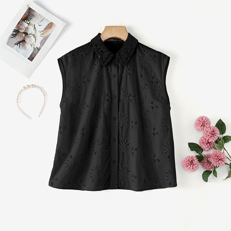 ZANZEA Women Lace Splice Collar Casual Sleeveless Hollow Crochet Tank Tops M чёрный