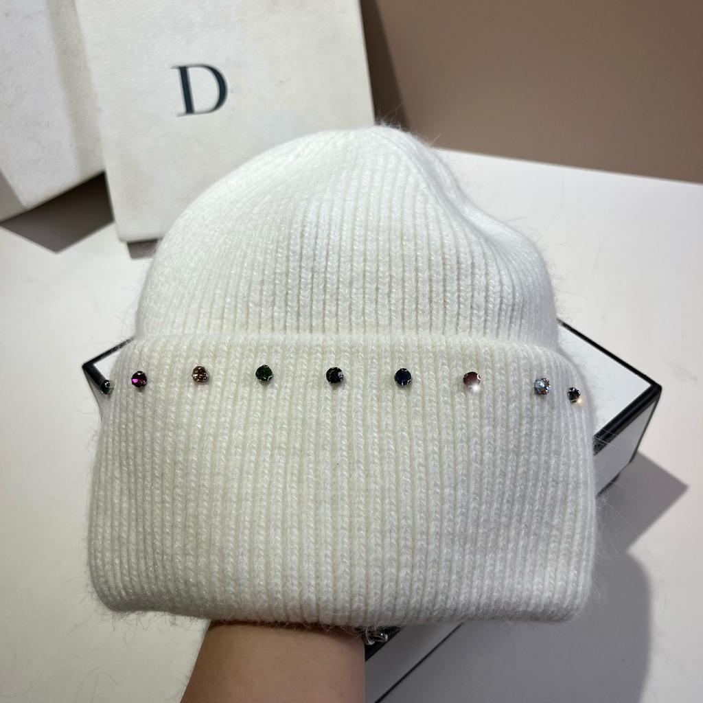 Russian Winter Warm Rabbit Hair Knitted Hat Celebrity Light Luxury Small Diamond Double Fold Wool Hat Women'S Outdoor Windproof