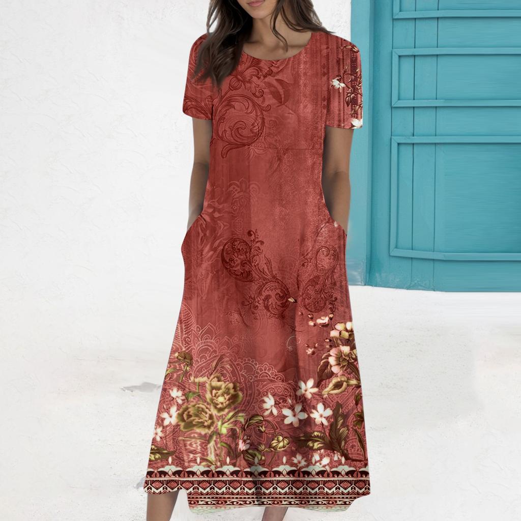 Women's Summer Casual Fashion Printed Short Sleeve Round Neck Pocket Dress