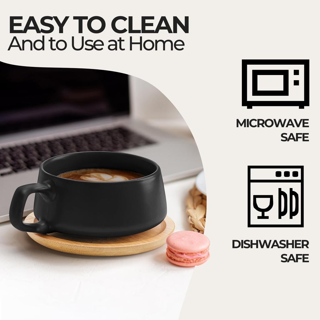 MIAMIO Coffee Cup Saucer Set x Elegant and Modern Stoneware Coffee Set of Luxe Collection - & (320ml 4) - Mugs, 4, (Black)