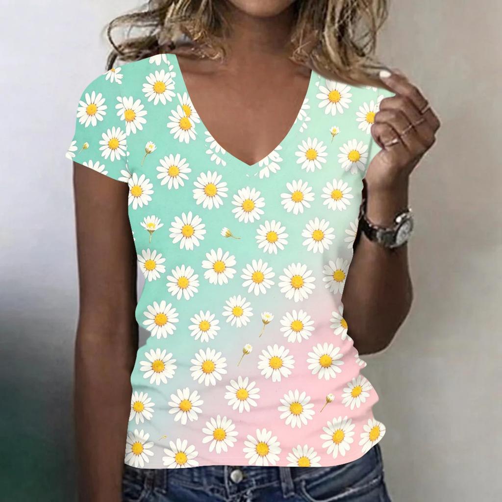 Women's Casual V Neck Short Sleeve Floral Print T Shirt Top Lightweight Comfortable Summer Tee with Daisy Pattern