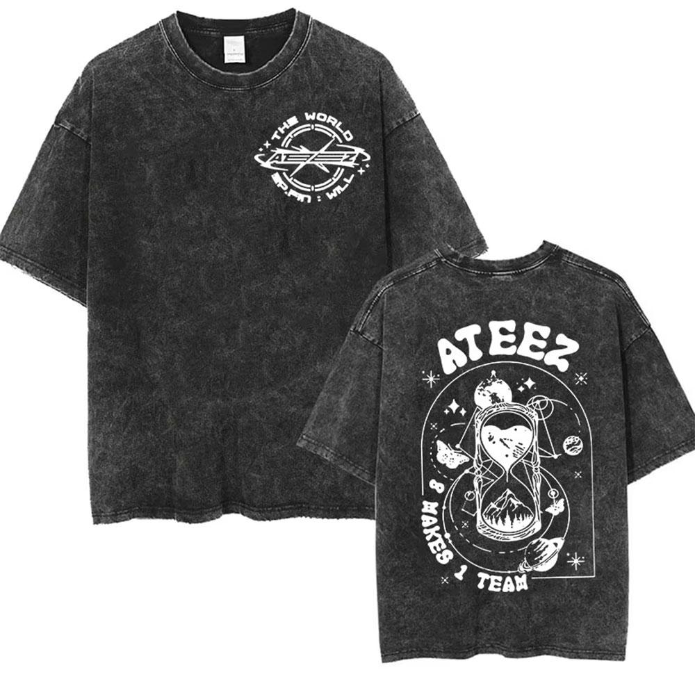 Ateez 2025 World Tour in Your Fantasy Tour Cherry Vintage Washed T Shirt Korean Kpop Fashion T-shirt Men's Women Cotton T-shirts