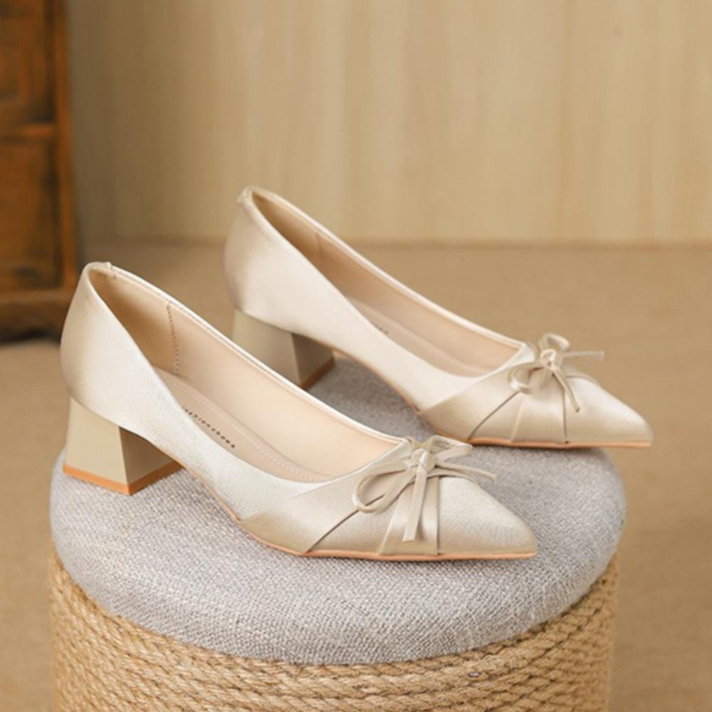 Black Heels Elegant Woman Heeled Shoes Show Thick Heel Pointed Women's Shoes 2026 New Bow Satin Middle Heel Single Shoes Women