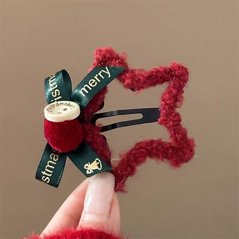 New Year Red Star Plush Hair Clip Bow Hairpin for Christmas