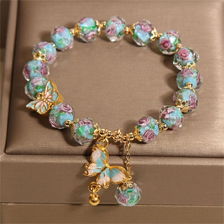 Glass Bead Butterfly Pendant Bracelet Rose Garden Design Offering Comfortable Beads Bracelet for Special Occasions