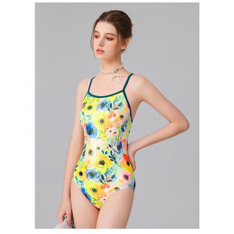 One-piece Sports Racing Tight-fitting Waist Fashion Flower Print Sexy Leaky Back Slimming Swimsuit Women