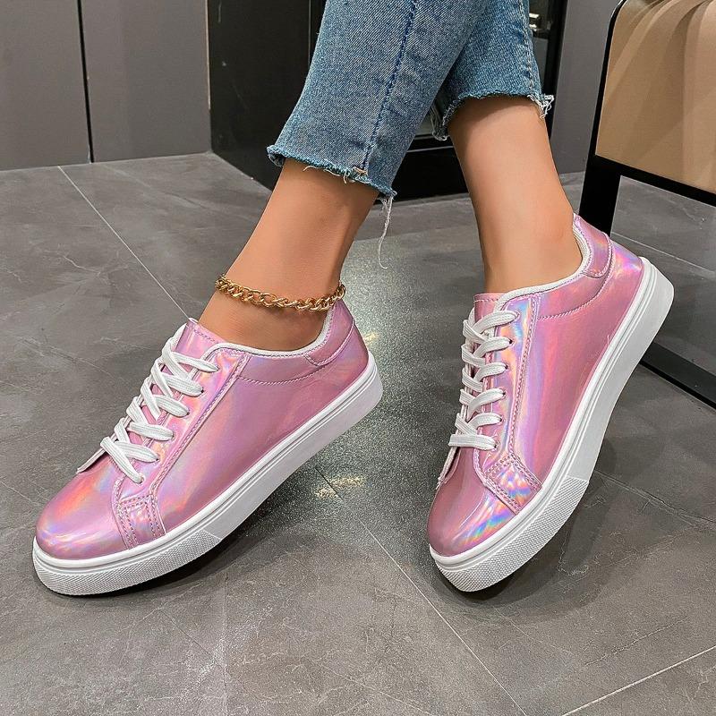 2024 Spring and Autumn High Quality Women's Sports Shoes Fashion Round Toe Solid Color Glossy Lace Up Women's Vulcanized Shoes