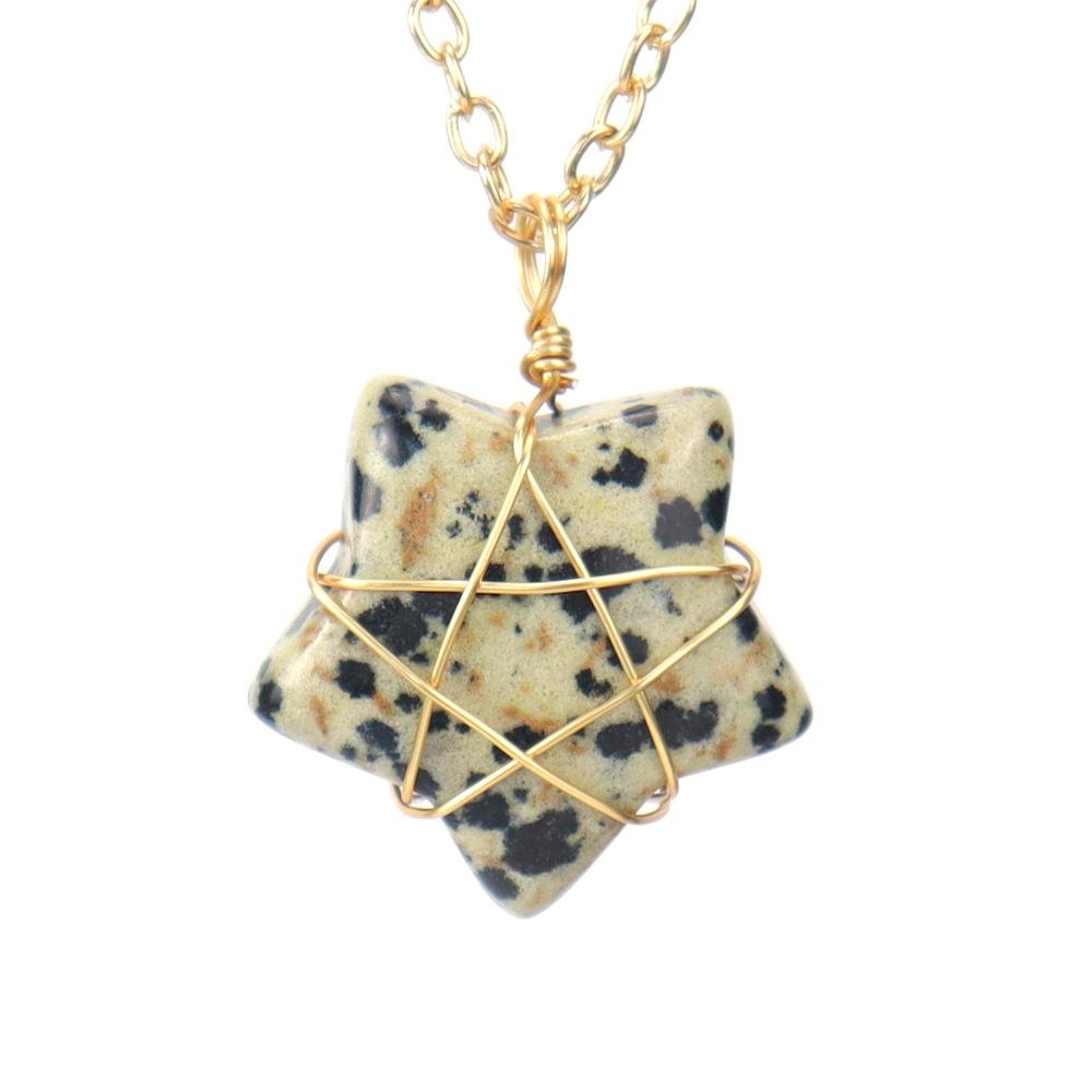 Hand-Wound Gold Natural Crystal Agate Pentagram Tiger Stone Star Necklace N583