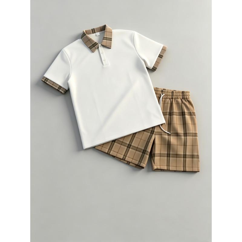Men Casual Plaid Short Sleeve Polo Shirt And Shorts Outdoor Sports Set