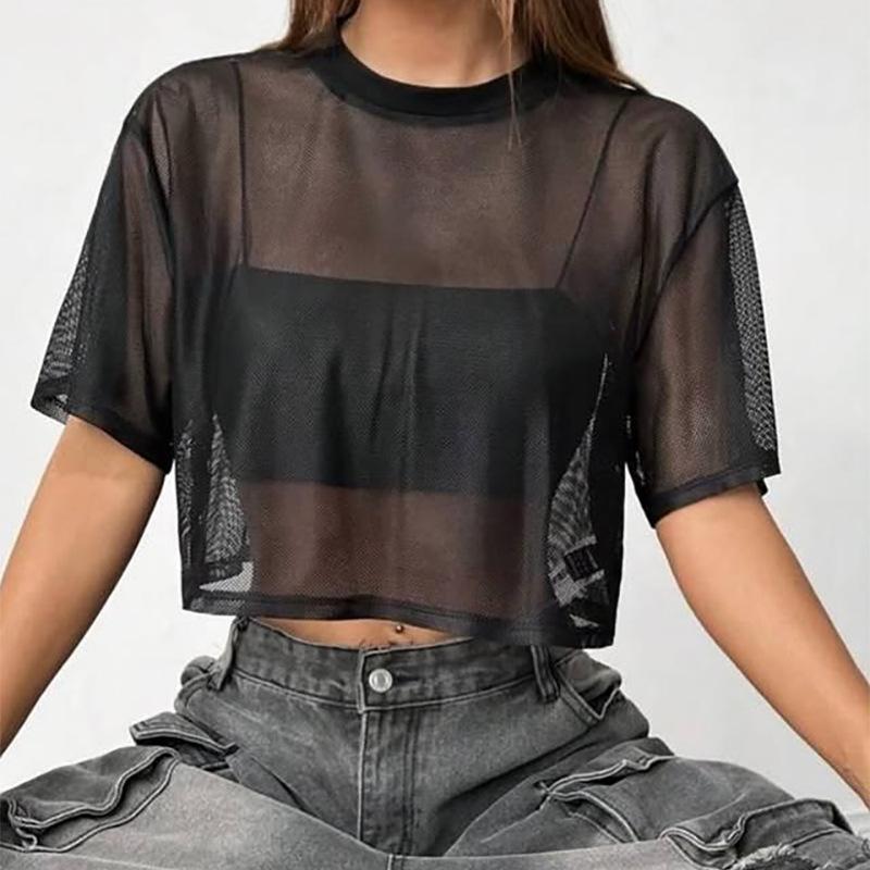 Women Summer Black White Mesh Cropped Tops Loose Casual Short-sleeved T-shirt