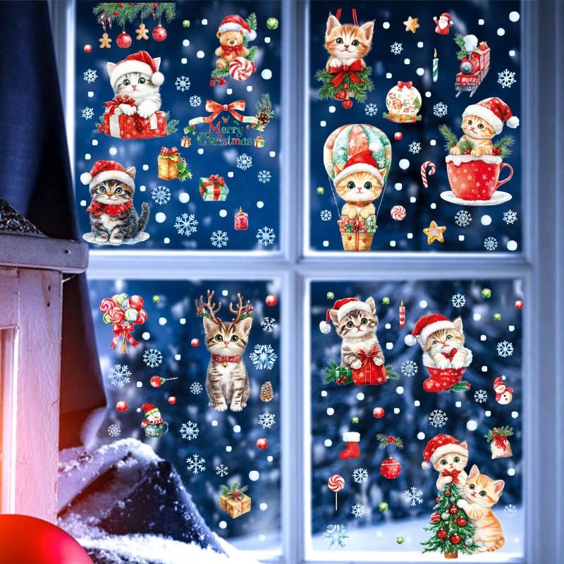 Creative Christmas Window Decals 3D Static Cling Santa Claus Gift Box Snowflake Home Decor Festive Glass Stickers for Holiday