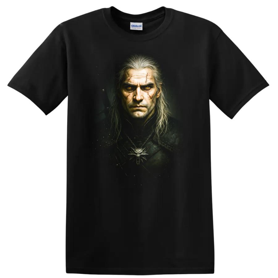 Geralt of Rivia Fantasy Warrior Portrait T Shirt Dark Wolf Medallion Tee