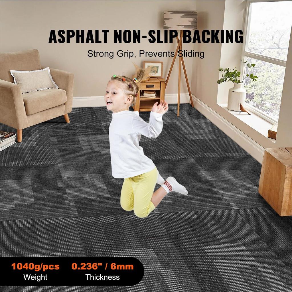 Carpet Tiles Reusable, 24"x 24"Carpet Squares With Padding Attached, Soft Padded Carpet Tiles, Easy Install DIY for Bedroom Living Room (24Tiles,