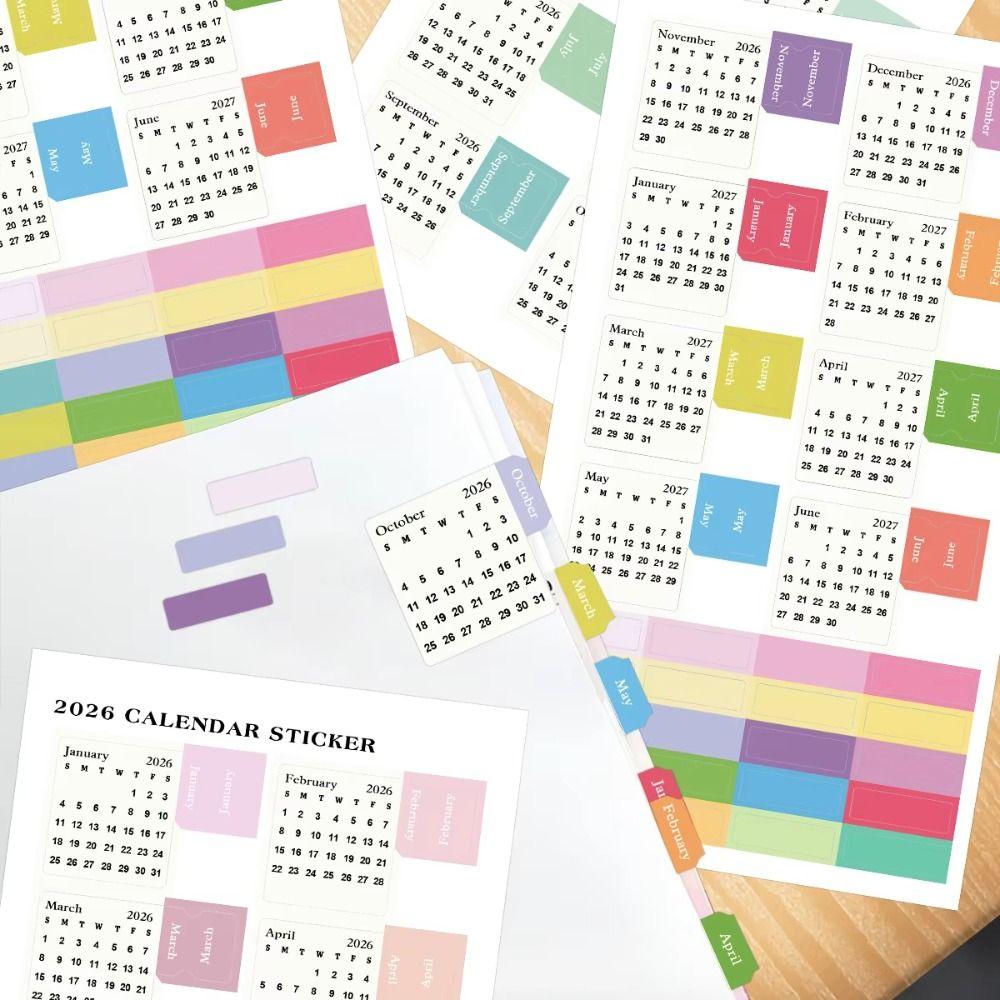 Diy Scrapbook 2026 Calendar Stickers 2 Sheets Cartoon Divider Index Tabs Self-adhesive Simple Monthly Planner Stickers