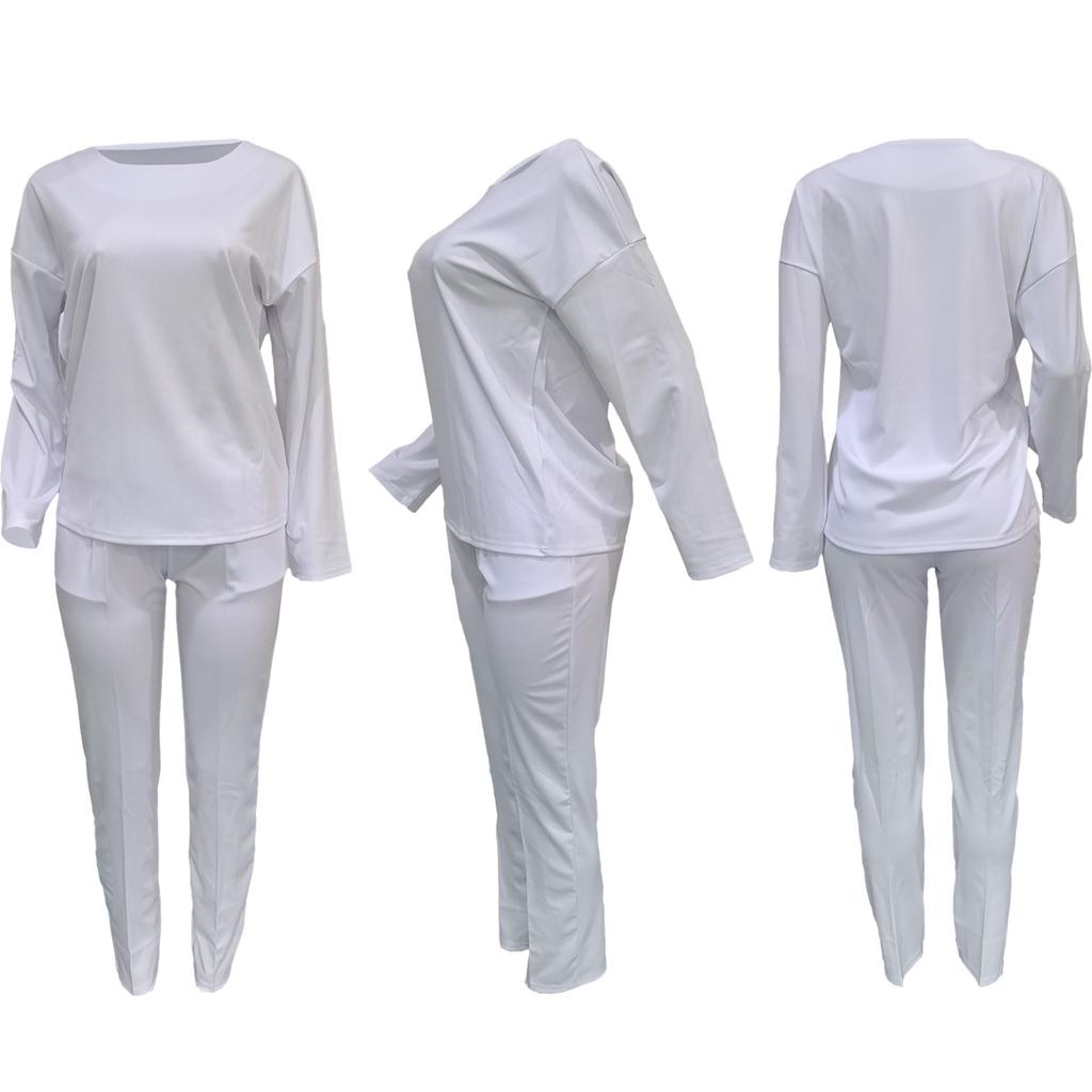 2025 Spring Autumn Women's Thick Fabric Two Piece Set, Round Neck Loose Fit Top with Comfortable Pants, Casual Solid Color Coord Outfit for Daily Wear