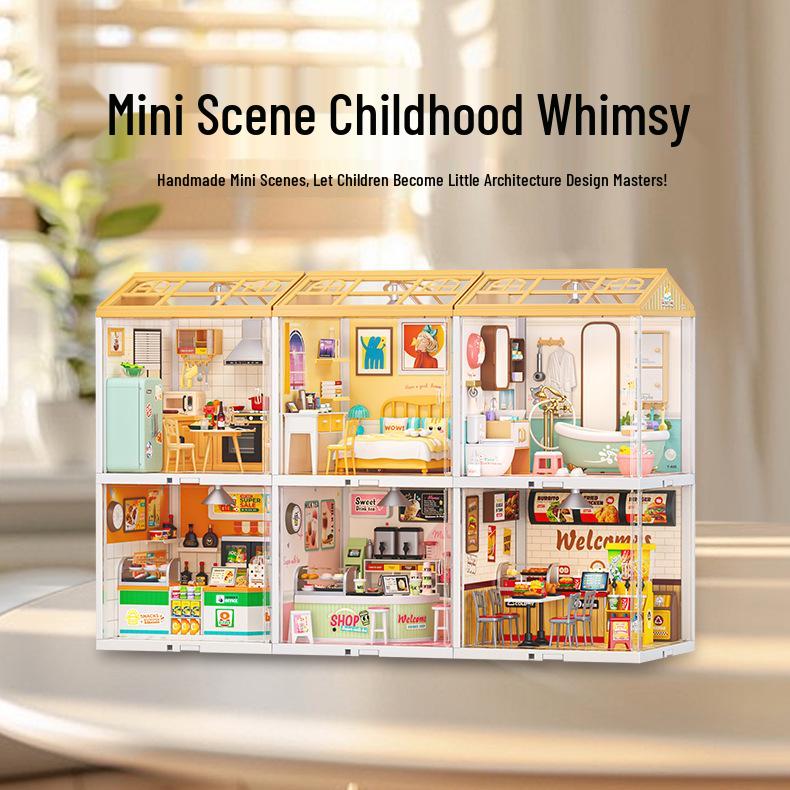Children's DIY Dollhouse Model with Lights - Big City & Small Town 3D Building Puzzle Educational Toy Gift