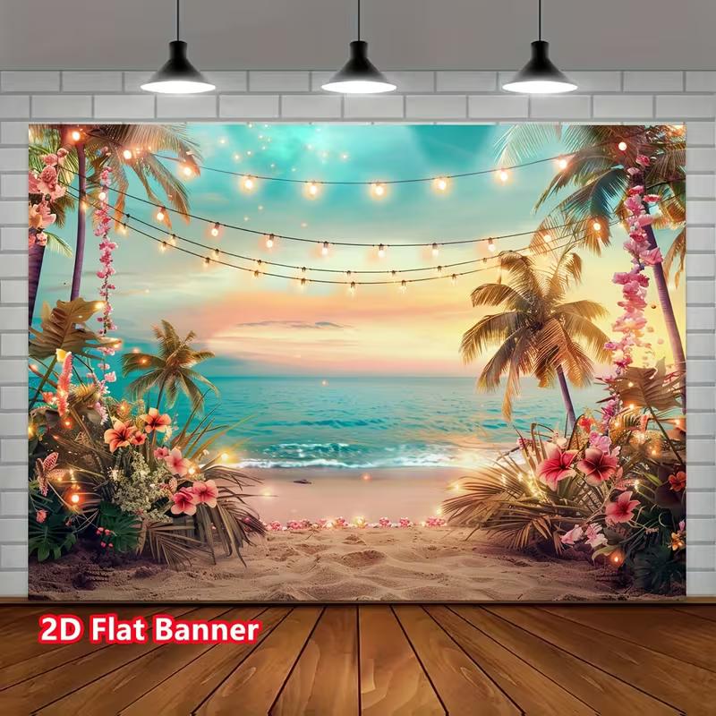 

2D Flat Printing Hawaiian Beach Backdrop Sunset String Lights Background 47.2x31.5inch/120*80cm