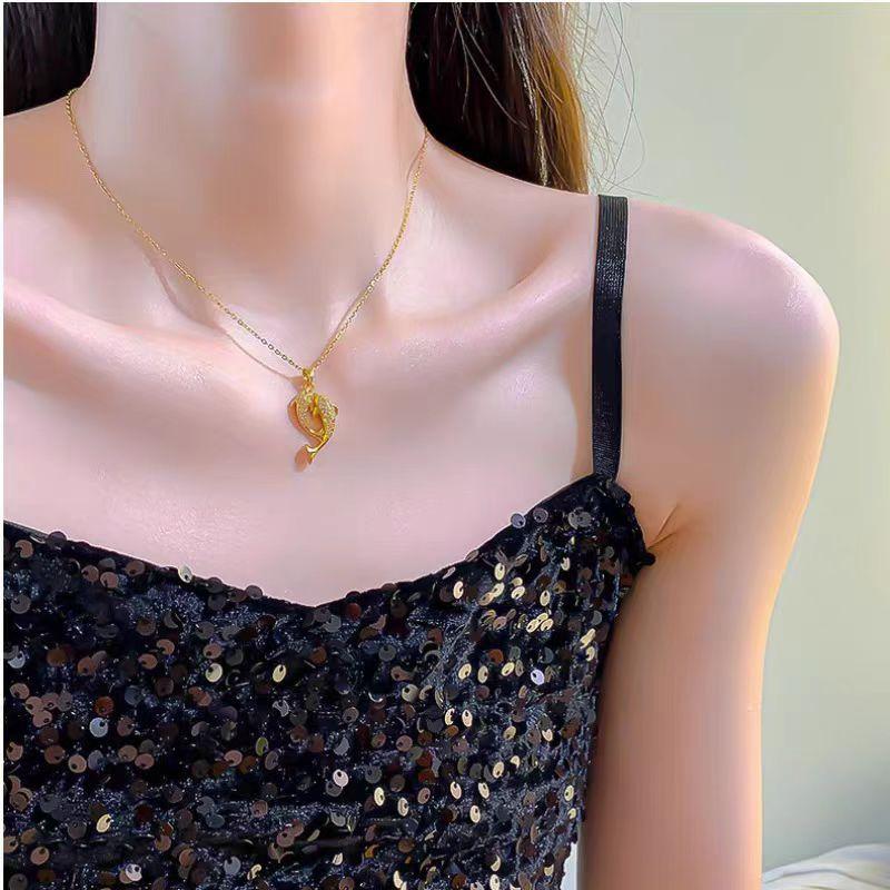 Titanium Steel Full Diamond Pisces Necklace Women'S Light Luxury Personality Versatile Copper Micro-Inlaid With You For The Rest Of Pendant Neck Chain