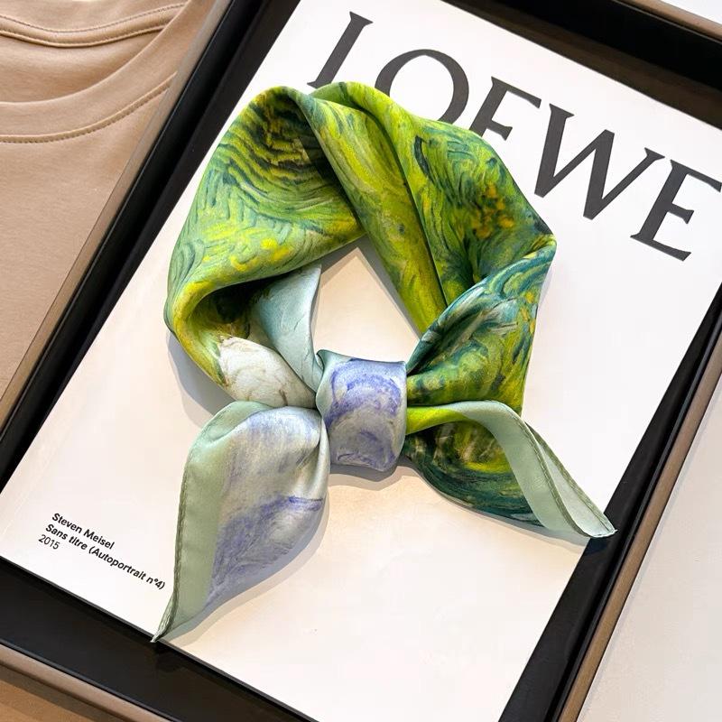 Dámský béžový hedvábný šátek - 53 cm Korejský styl Tištěný čtverec, 100% morušové hedvábí na jaro/léto