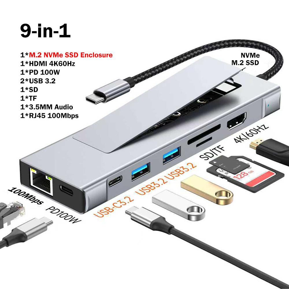 8-in-1 M.2 SSD HUB USB C Docking Station with Disk Storage Function SSD Enclosure HDMI 4K60Hz USB 3.2 10Gbps Hub For PC Laptop