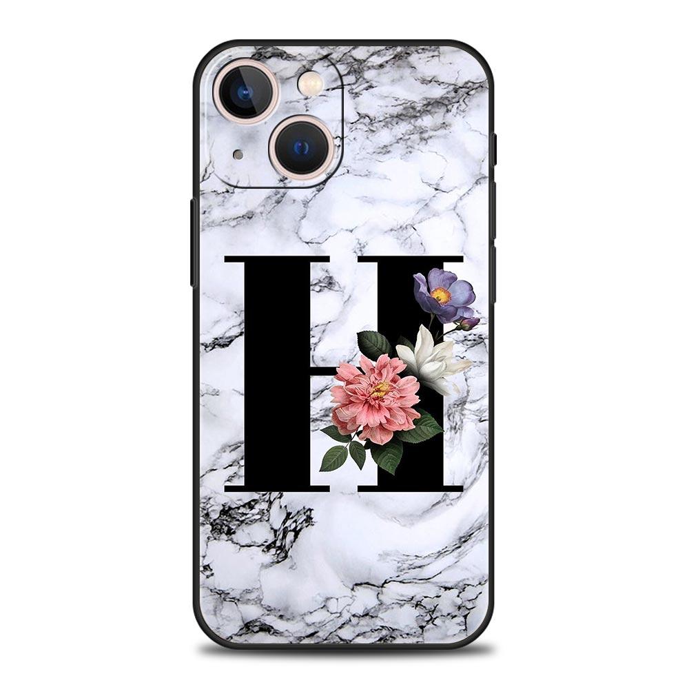 Letters Flower English Marble Phone Case For iPhone 17 16 15 Pro Max 11 12 13 14 7 8 Plus SE 2020 X XR XS Cover Soft Black