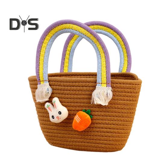 Gewebter Osterkorb mit Griff, gewebter Korb aus Baumwolle für die Eiersuche mit Hase und Karotte, leere Oster-Leckerli-Tasche für Geschenke und Süßigkeiten