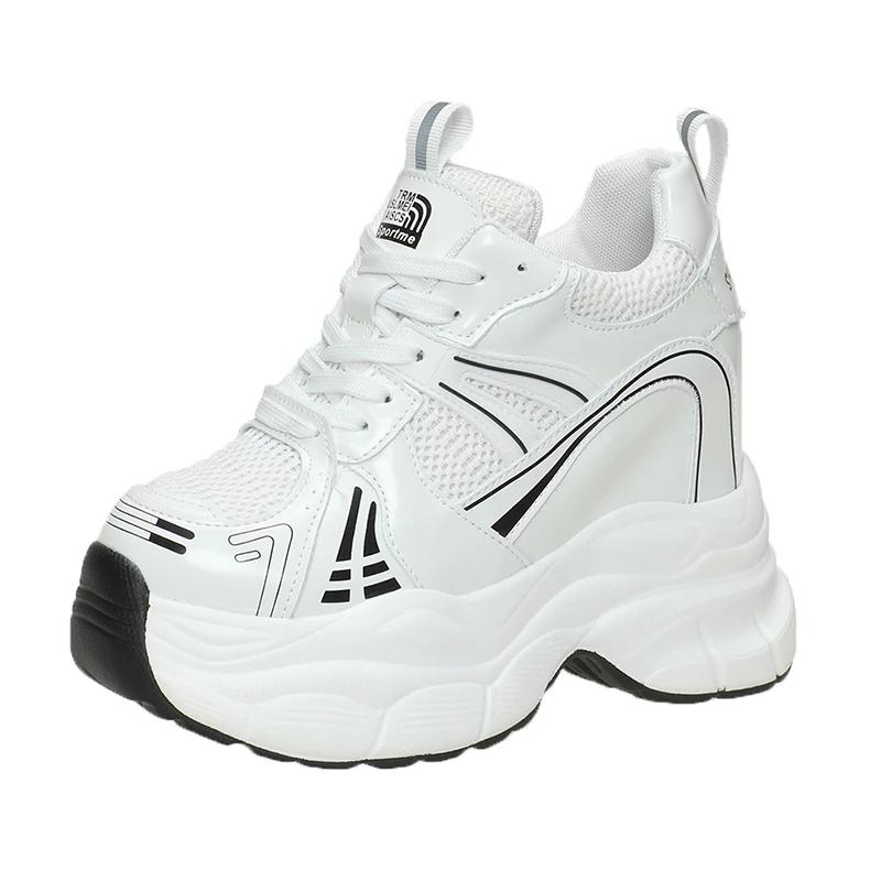 Fashion New Spring Women Breathable Mesh Chunky Sneakers 10CM High Platform Casual Shoes Lace-up Summer Sports Leather Shoes Woman 2024