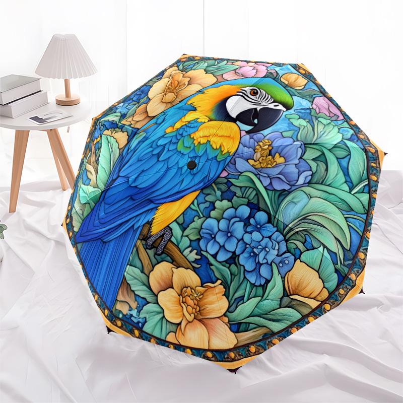 Flower Bird  Pattern, Automatic Folding Umbrella, Portable and Foldable Design, 8 Ribs, a Christmas or Birthday Gift.