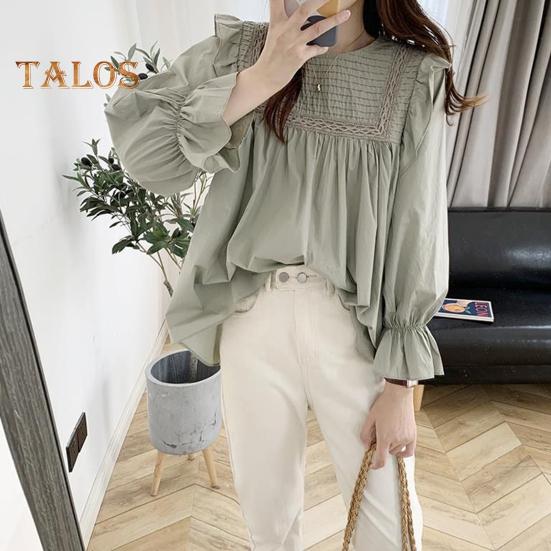 Women Shirt Round Neck Lantern Long Sleeve Pullover Tops Solid Color Loose Fit Ruffle Trim Pleated Blouse Daily Wear