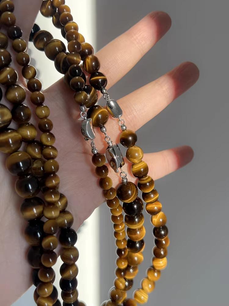Stainless Steel Tiger Eye Beaded Necklace Choker with Yuanbao Buckle - Chinese Light Luxury Autumn/Winter Sweater Chain