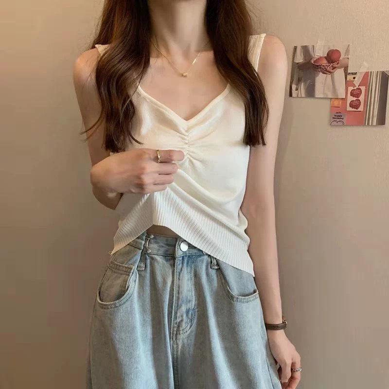 

Корейский стиль V-образный вырез плиссированная майка: Сексуальный летний женский жилет приталенного силуэта One size fits up to 125 jin белый