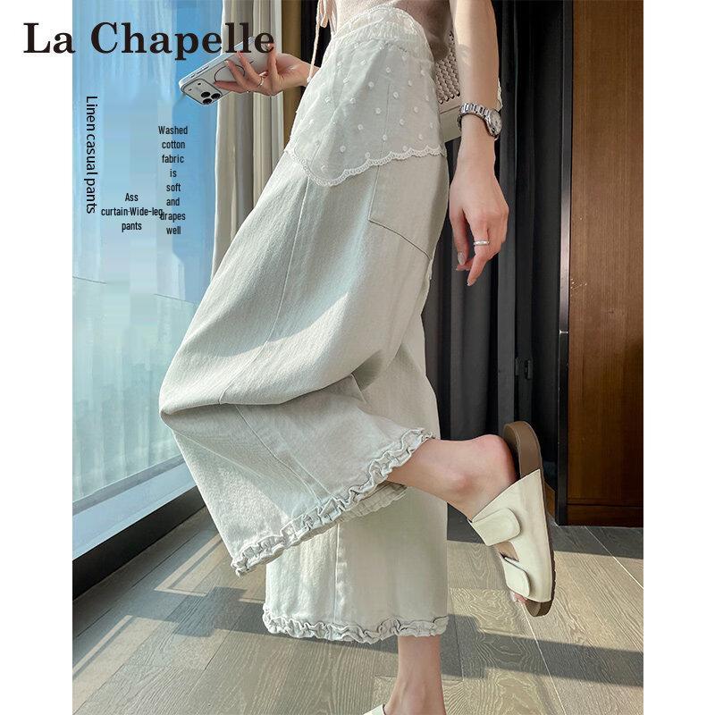 La Chapelle Women s Petite Lace Ruffle Wide-Leg Cropped Pants M