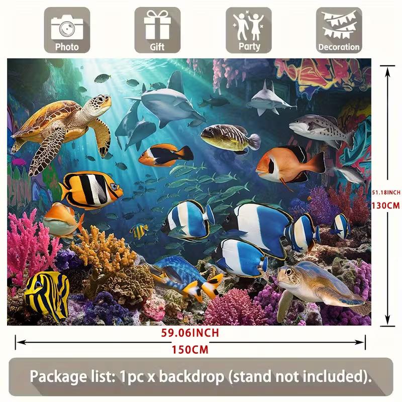 2D Aquarium Style Tapestry, Underwater World with Sea Turtle, Shark and Coral Reef Wall Art