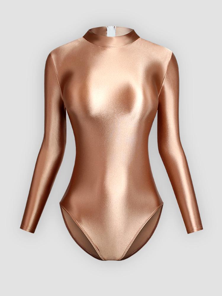 Solid Color High-Cut Rhythmic Gymnastics Leotard Ballet Dancewear - Women's Silky Luster One-Piece Swimsuit Base T-Shirt