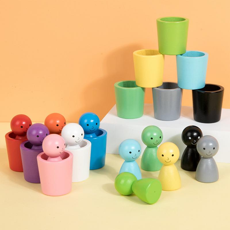 Baby Montessori Color Sorting Toys Color Matching Sensory Game Wooden Peg Dolls in Cups Early Education Learning Toys