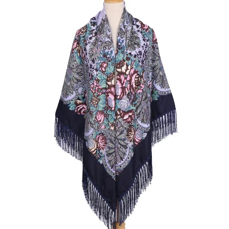 160*160Cm Ethnic Large Square Scarf For Woman Shawls Tassel Floral Print Headscarf Turban Wraps Russian Babushka Bandana Blanket