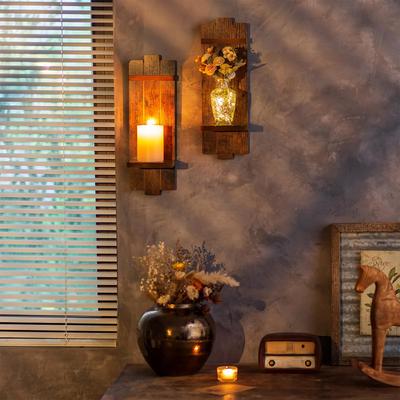 Conjunto de Dois Castiçais de Parede Rústicos de Madeira Porta-Velas Decoração de Parede Castiçal de Parede Montado para Quarto Sala de Estar Banheiro