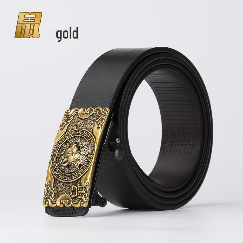 Chinese Zodiac Retro Men's Automatic Cowhide Leather Belt