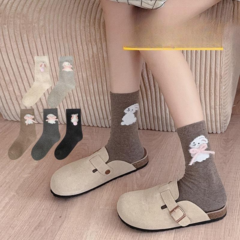 Little Rabbit Socks for Women's Spring and Autumn, Cotton-soled Mid-calf Socks, Cute Pile Socks, Sweet Three-dimensional Bow, Trendy