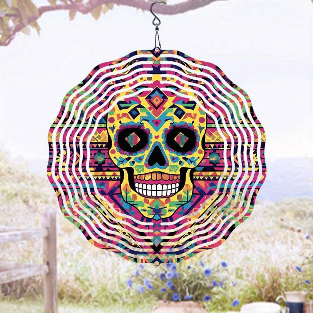 Colorful Skull Wind Chime – 360° Rotating Metal Outdoor Hanging Decor, Weather-Resistant Garden Art for Patio, Balcony & Courtyard – No Electricity