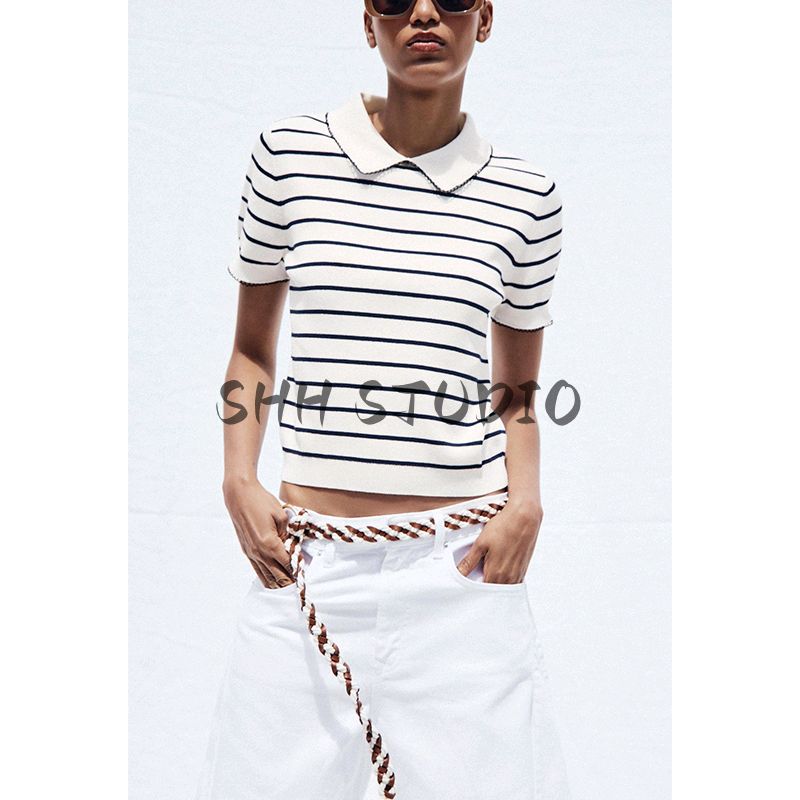 Summer Women's Clothing Preppy Style Color Contrast Patchwork Trim Short Sleeve Lapel Casual Knitting Tops 2142040