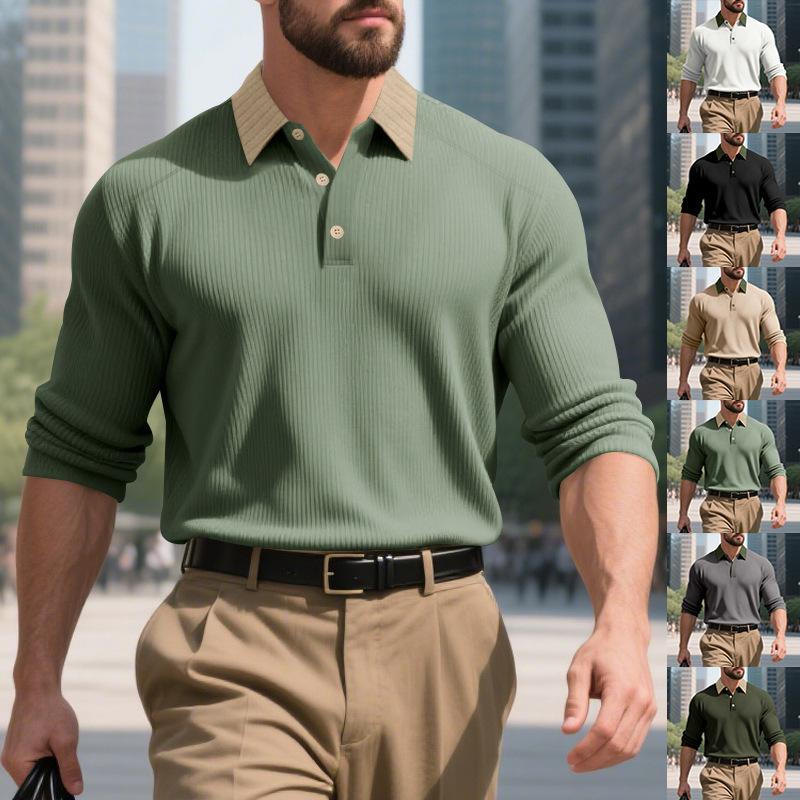Mens American Turn Down Collar Heavy Weight Color Block Casual Long Sleeve Polo Shirt
