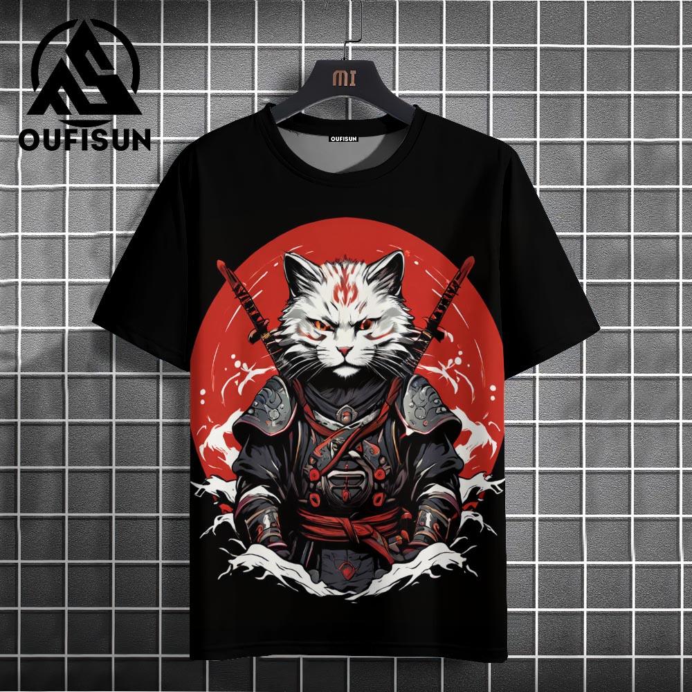 Samurai Cat Pánská móda Japonské hip-hopové tričko s krátkým rukávem