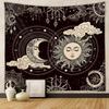 Neon Sun & Moon Tapestry, Psychedelic Rainbow Celestial Print with Clouds On Black Background, Wall Hanging for Boho Decor