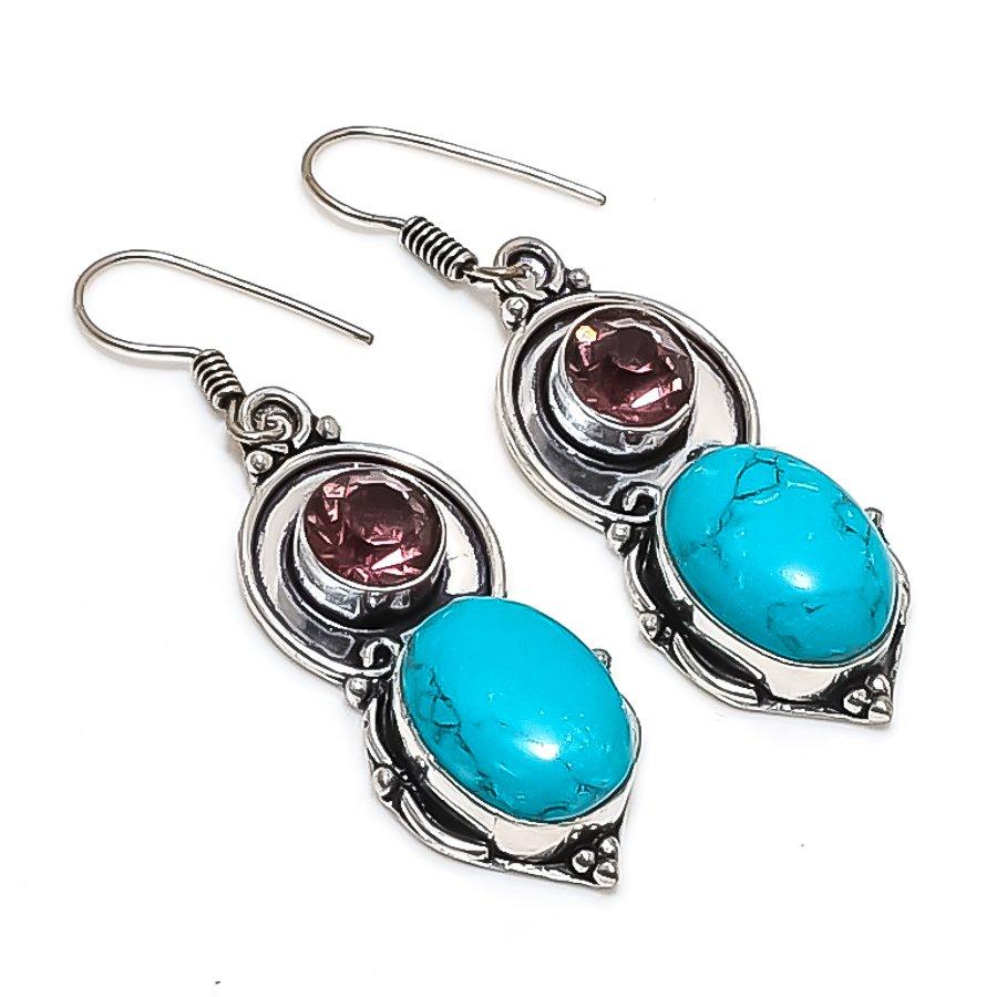 Natural Tibetan Turquoise, Amethyst 925 Sterling Silver Earring 2.05" V9Q81