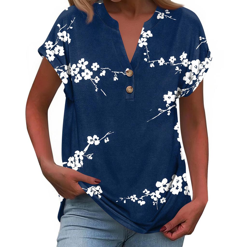 Women's Fashionable Casual Loose-Fit Short-Sleeved Button-Up V-Neck Printed T-Shirt Top