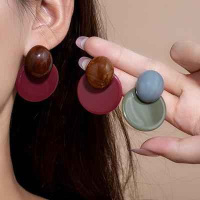 Simple And Versatile High-End Stud Earrings Geometric Contrasting Color Earrings Retro Maillard Round Burgundy Hong Kong Style Earrings Women