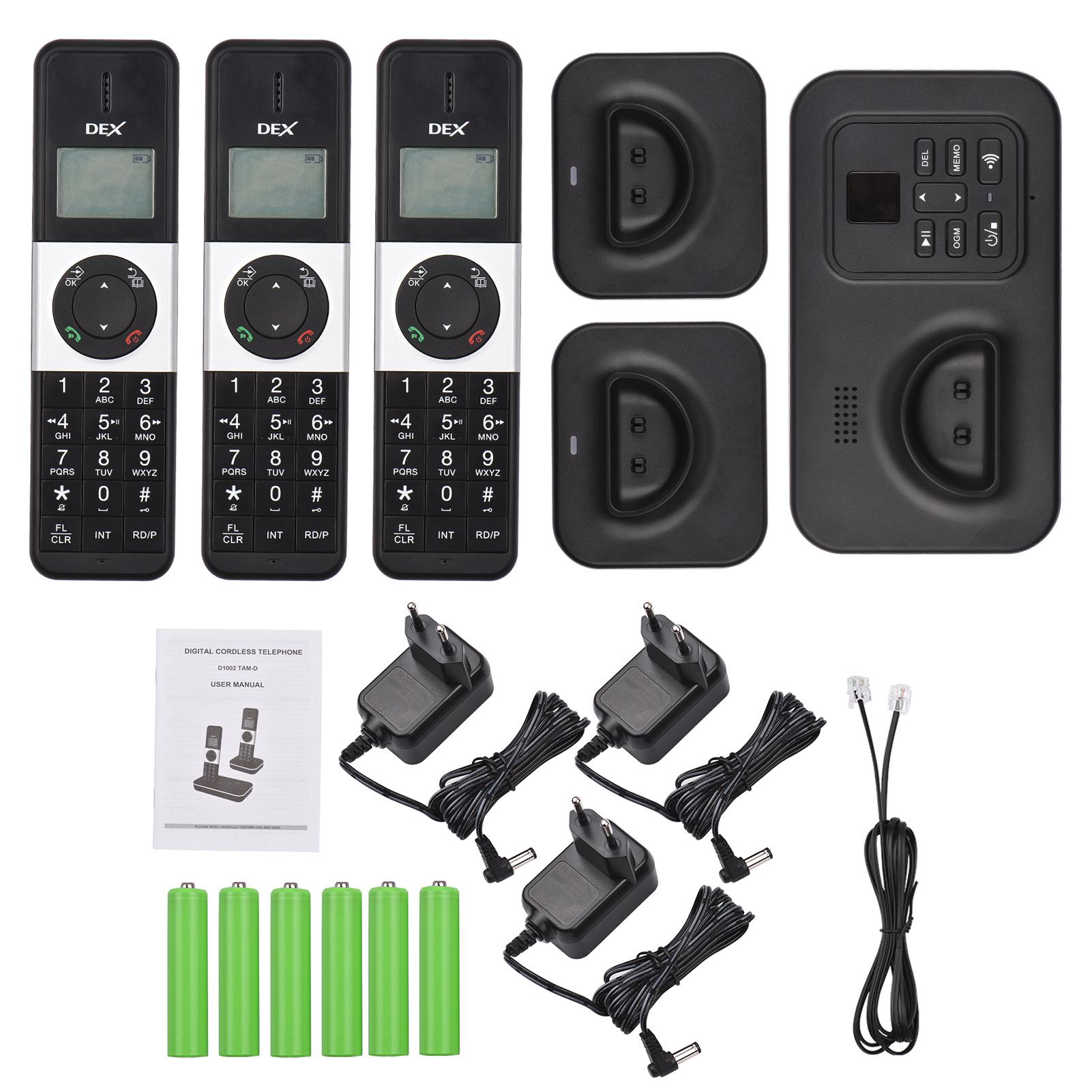 

D1002 TAM-T 3-Handset Cordless Phone with Answering Machine Caller ID/Call Waiting 1.6 inch LCD 3 Lines Screen Display Rechargea US 100-240V