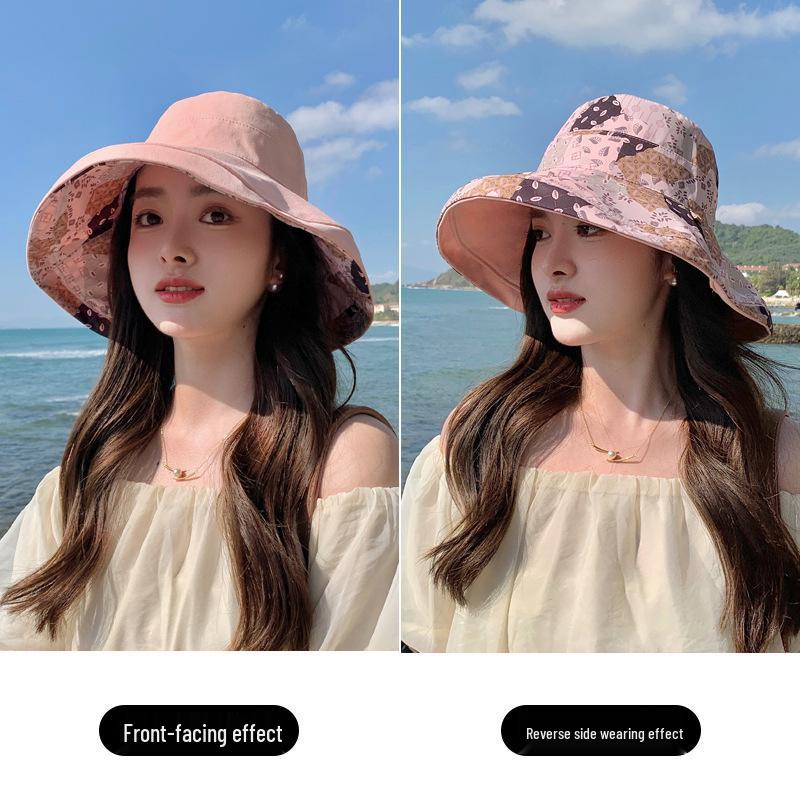 Women's Double-sided Sun Protection Bucket Hat - Summer Pure Cotton Anti-UV Wide Brim, Foldable for Travel.